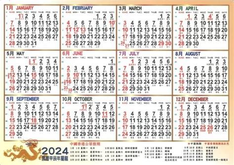 2024 係咩年|2024年黃歷對照表，2024年公歷農曆表，2024年陰曆陽曆表